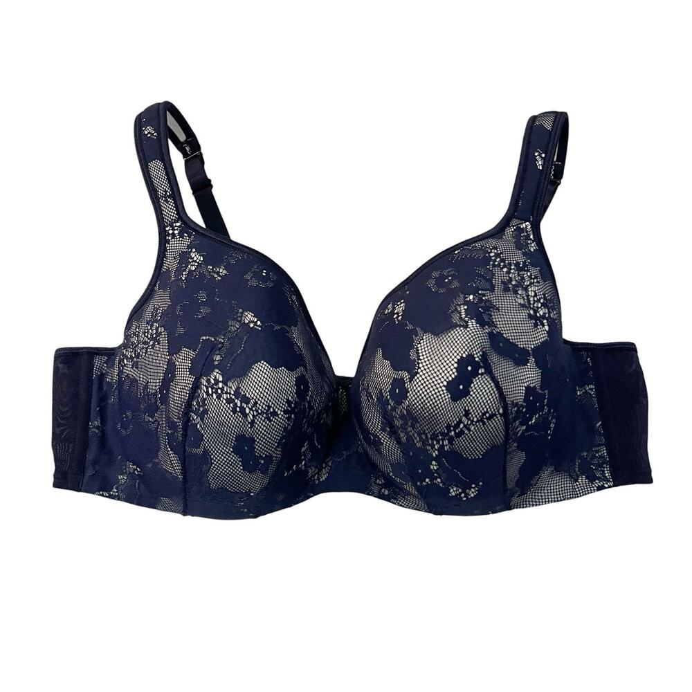 Cacique Lightly Lined Balconette Bra 44C Lace Molded Underwired Navy White